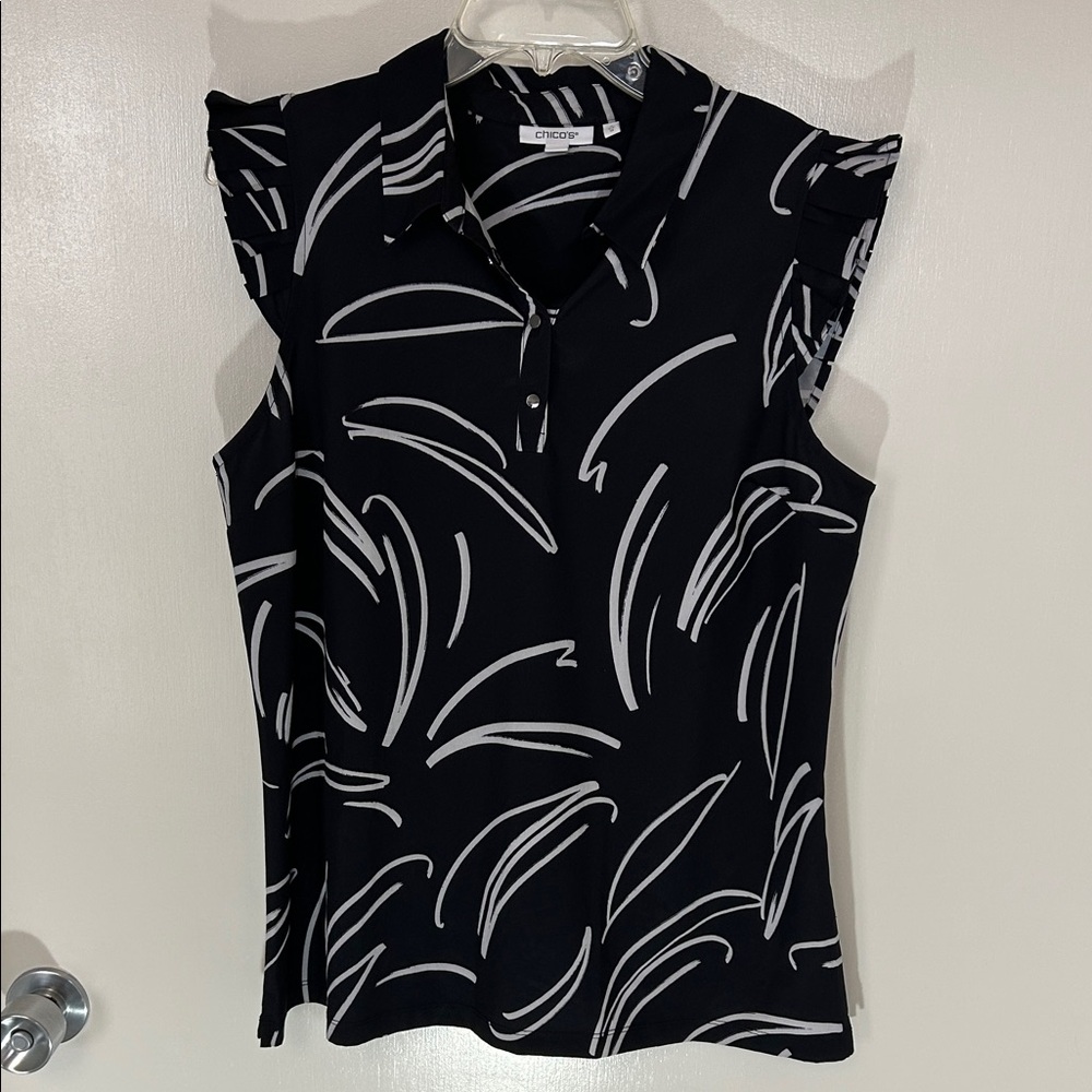 Chico's Black and White Patterned Sleeveless Blouse, L (size 2 Chico’s/size 12)